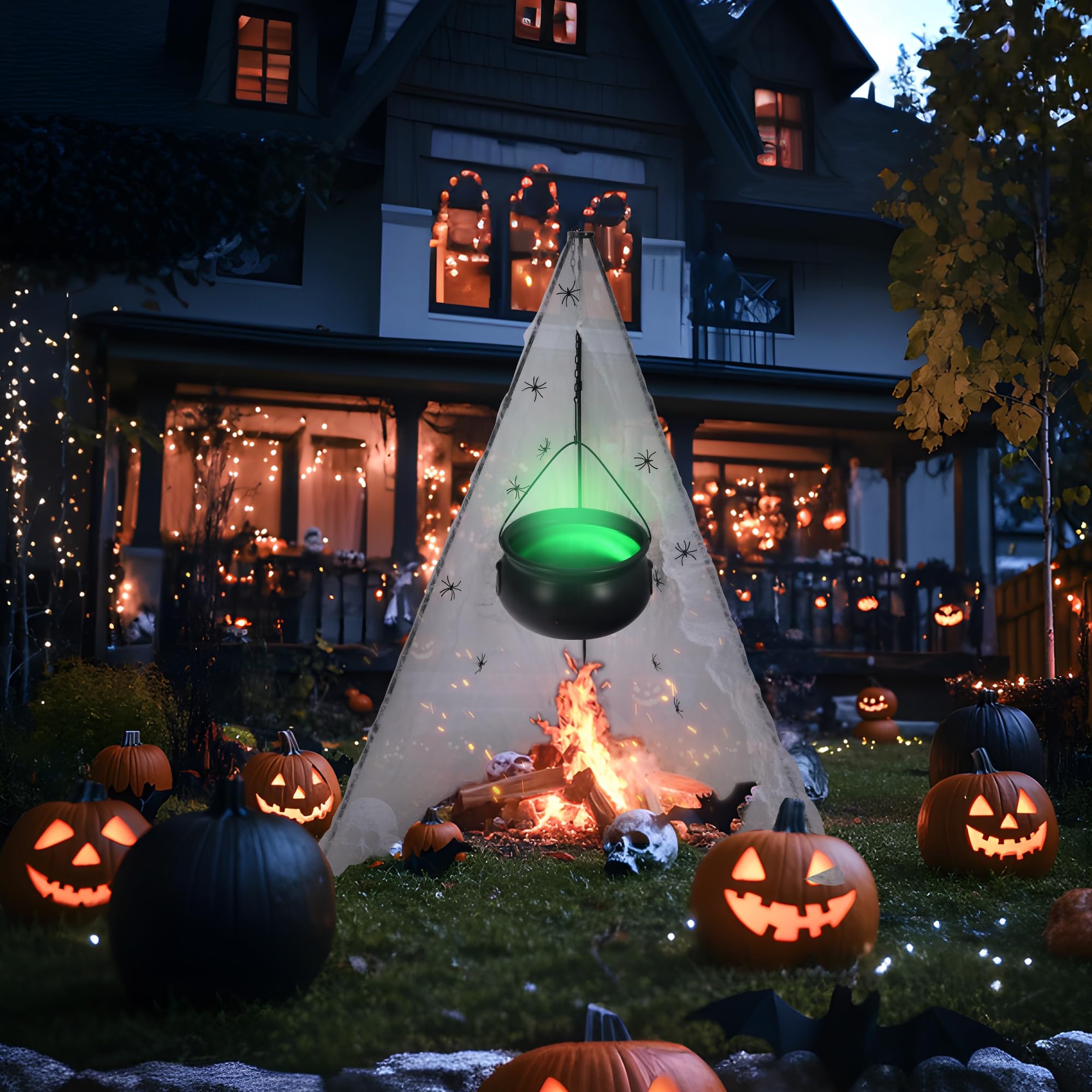 Halloween Decorations Outdoor, DIY Witches Cauldron Black Plastic Bowl Indoor, Halloween Witch Cauldron on Tripod with Lights, Cotton, Spider Web- Candy Bucket Porch Yard Decor