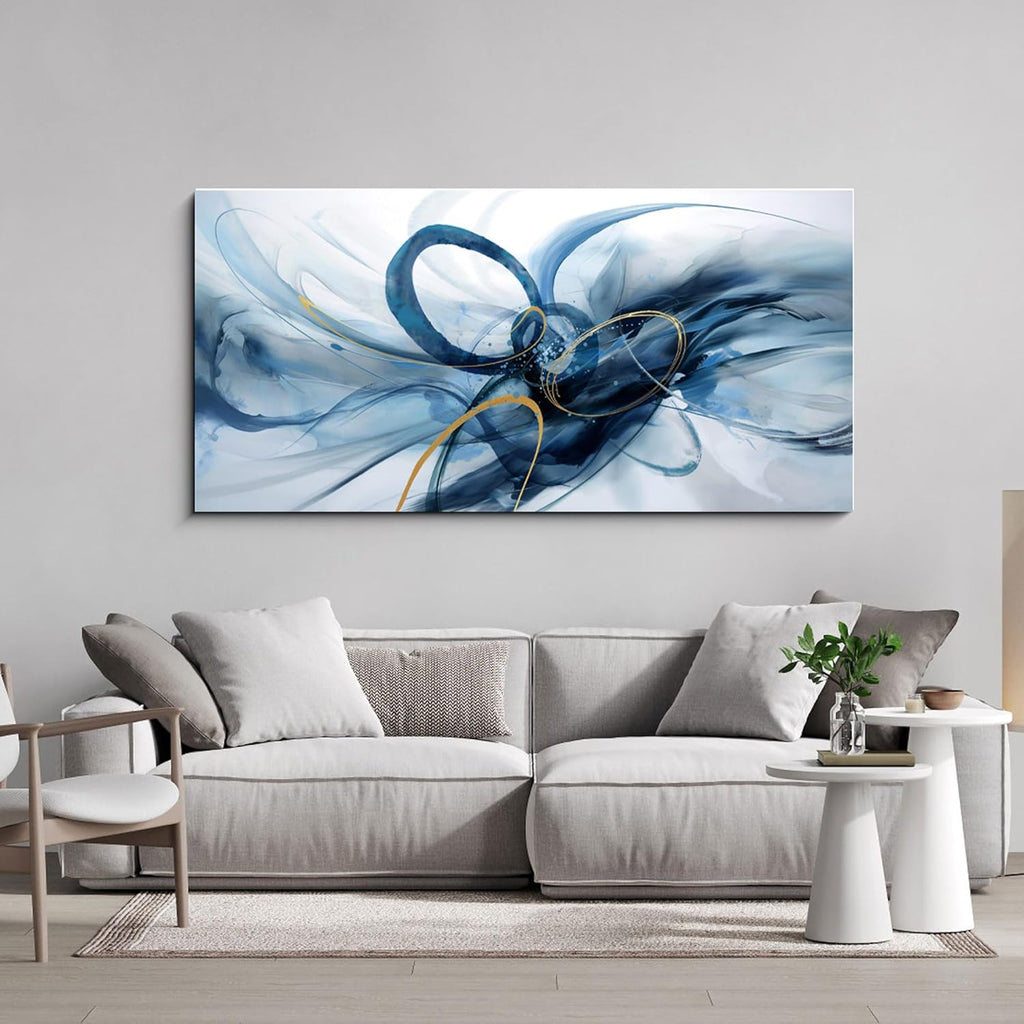 XLSJERST Extra Large Canvas Wall Art - Modern Abstract Design in Blue and White for Living Room Decor
