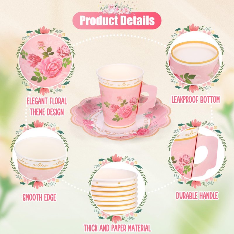 Kochorie 96 Pieces Floral Paper Tea Cups and Saucers 9 Oz Teacups with Handle 9 Inch and 7 Inch Paper Plates Saucers Napkins Disposable Tea Party Supplies Serve 24 for Wedding Baby Shower Party, Pink