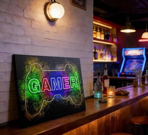 Cool Gaming Canvas Wall Art - Colorful Neon Gamepad Poster for Teen Boys' Room | 12 x 16 Inch