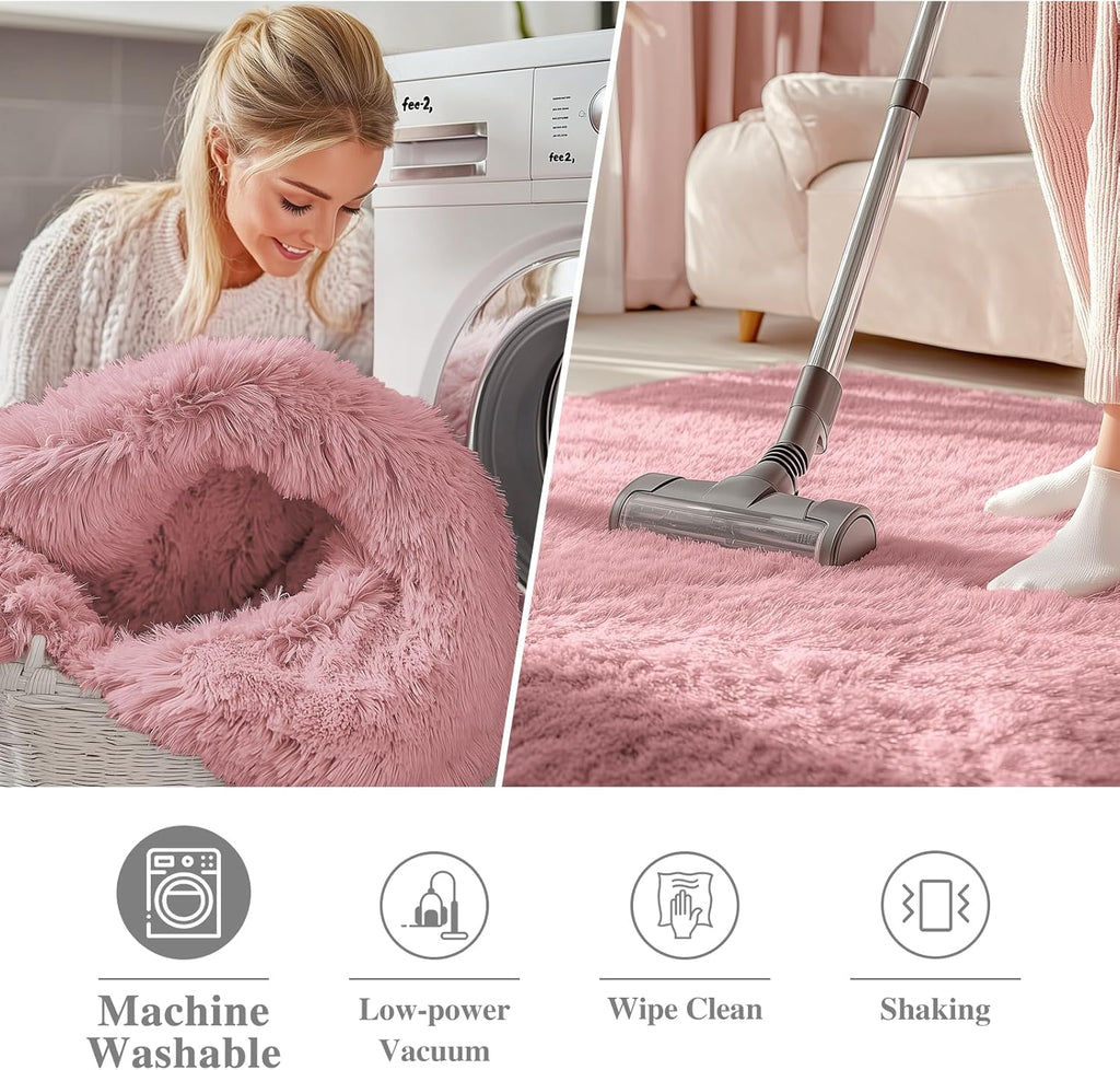 OLANLY Round Area Rug - Soft & Fluffy Pale Pink Shag Carpet, 3 ft Circle for Bedroom & Nursery Decor