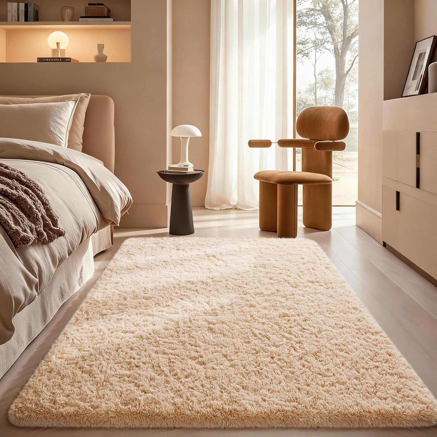 Ophanie Beige Area Rug - Plush Soft Shaggy Carpet for Bedroom & Living Room | 4x6 Indoor Floor Decor