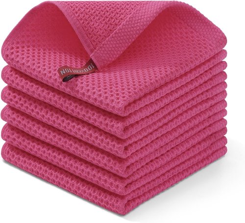 Homaxy Kitchen Dish Cloths - 100% Cotton Waffle Weave, Ultra Soft & Absorbent, 12x12 Inches, Hot Pink | 6-Pack