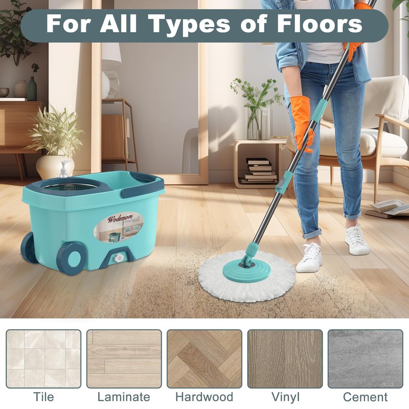 Mop and Bucket with Wringer Set,Spin Mop and Bucket System, Mops for Floor Cleaning,Household Supplies Tools with 6 Replacement Refills,61" Extended Handle for Household Hardwood Floor - White