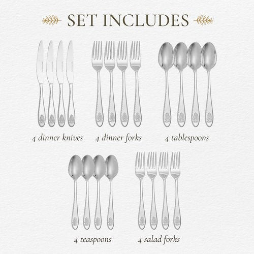 Spode Christmas Tree Collection 20-Piece Stainless Steel Flatware Set - Holiday Cutlery Set - Dishwasher Safe Silverware - 4 Dinner Forks, Salad Forks, Dinner Knives, Tablespoons, Teaspoons