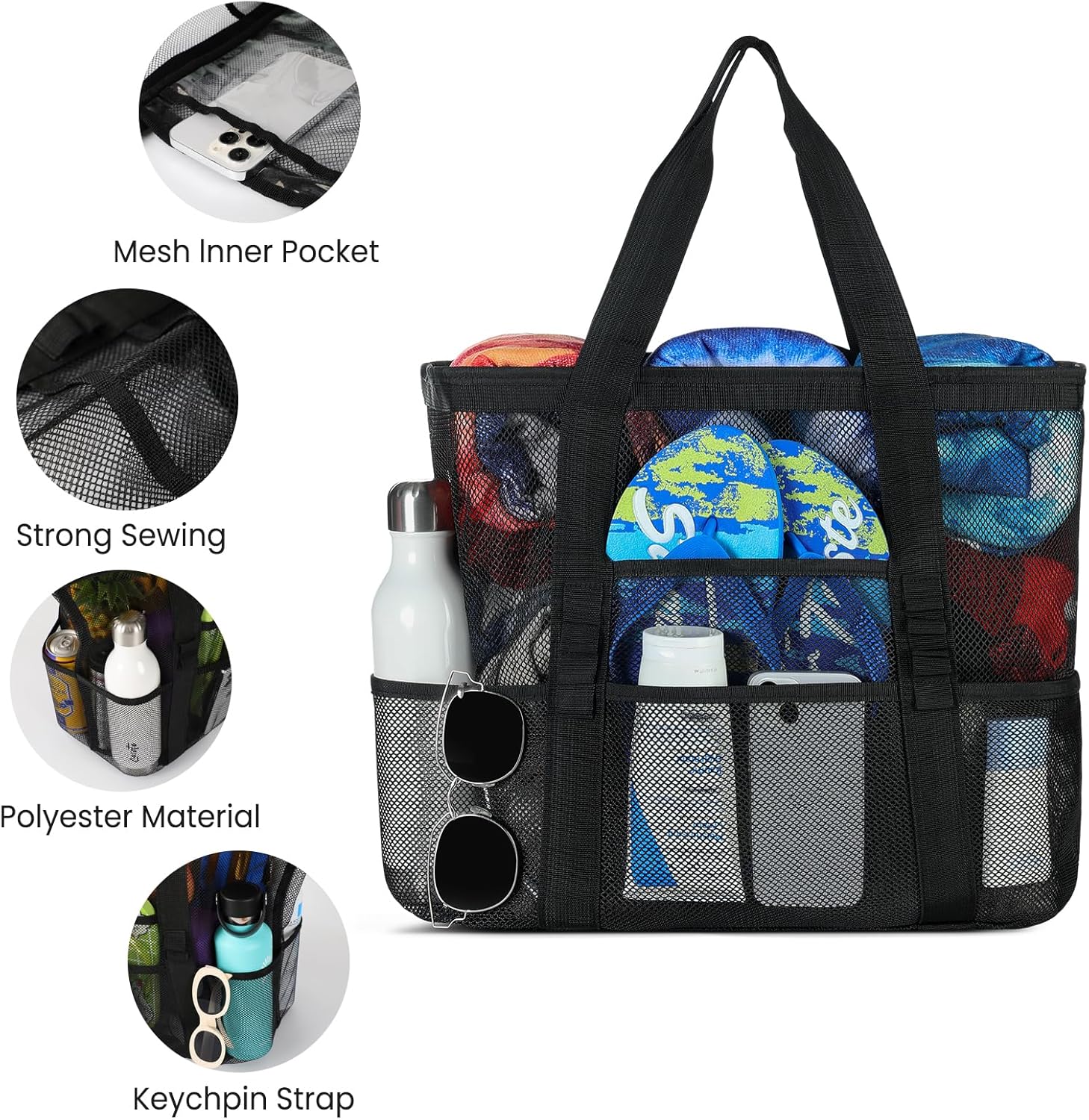 Skiennix Mesh Beach Bag - Large 8-Pocket Tote for Vacation Essentials | Durable & Stylish