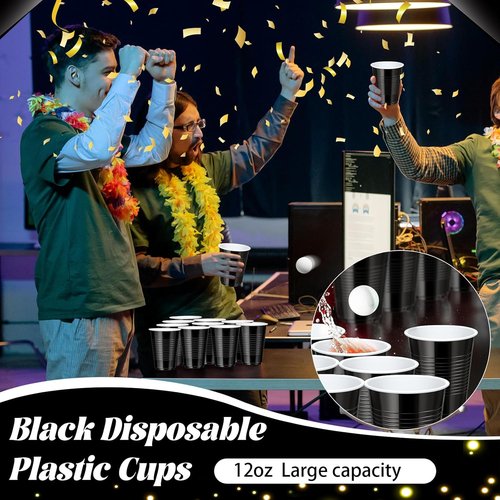 Dualshine 12 oz Black Plastic Cups - Heavy-Duty Disposable Drinking Cups for Parties & Events | 100 Pack
