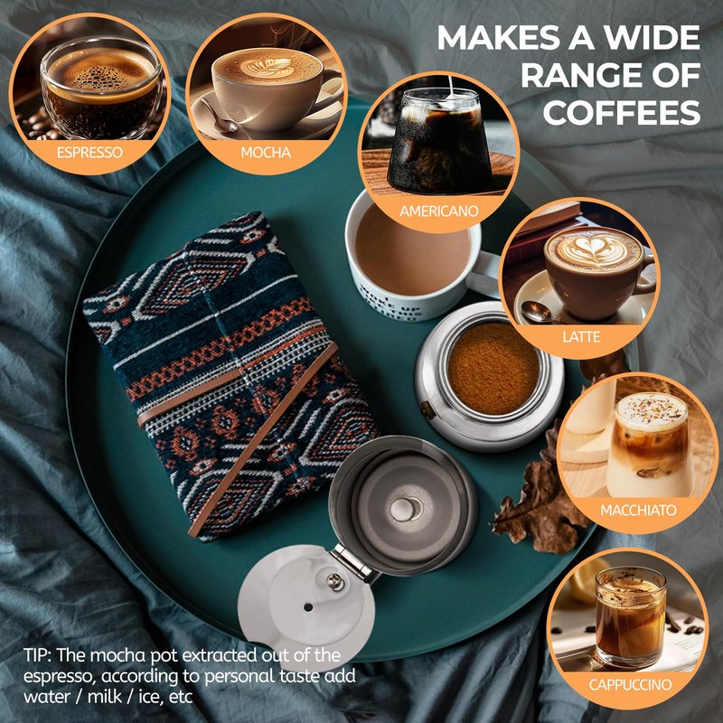 Mogrecha 6 Cup 300ml Moka Pot Stainless Steel Espresso Coffee Maker Stovetop Coffeemaker Italian Classic Style Brewing Greca Cafe Mocha Machine for Cafeteras Lover Camping Travel and Home Use 10oz