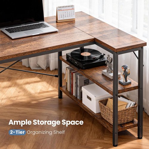 DUMOS L Shaped Desk - 47 Inch Corner Computer Desk with Reversible Storage Shelves | Rustic Brown