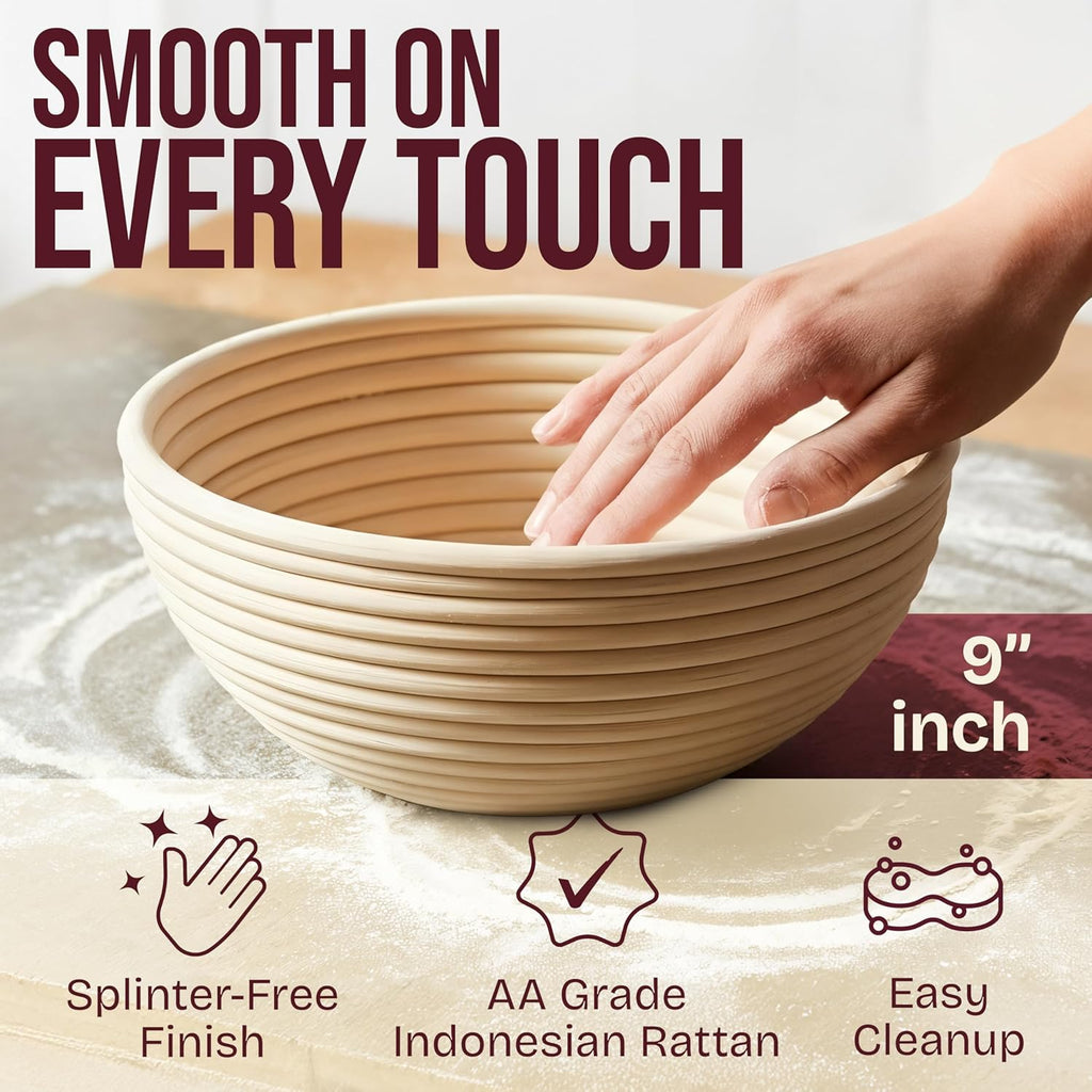 Superbaking Sourdough Starter Kit - 9" Round Banneton Bread Proofing Basket Set & Silicone Sling