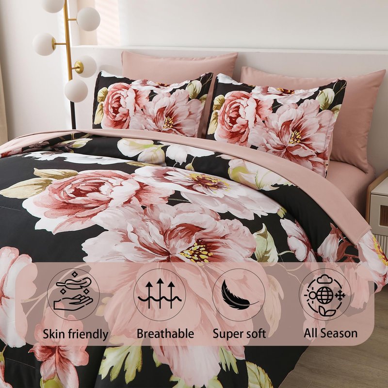 Floral Comforter Set King Size 7 Pieces Bed in a Bag,Black Flower Pattern Comforter and Sheet Set,Soft Microfiber Bedding for All Season