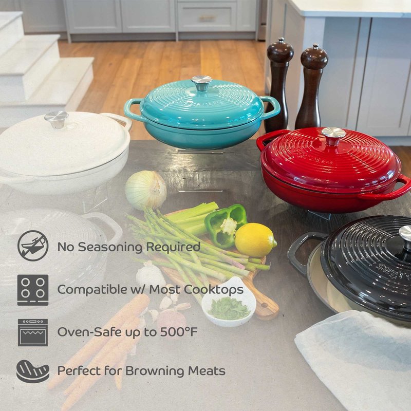 Segretto Cookware 3.6 QT Verde Chiaro (Light Green) Cast Iron Braiser Pan With Lid, Braiser Enameled Cast Iron Casserole Pan With Cover, Lasagna Pan Enamel Cast Iron Skillet with Lid Cookware