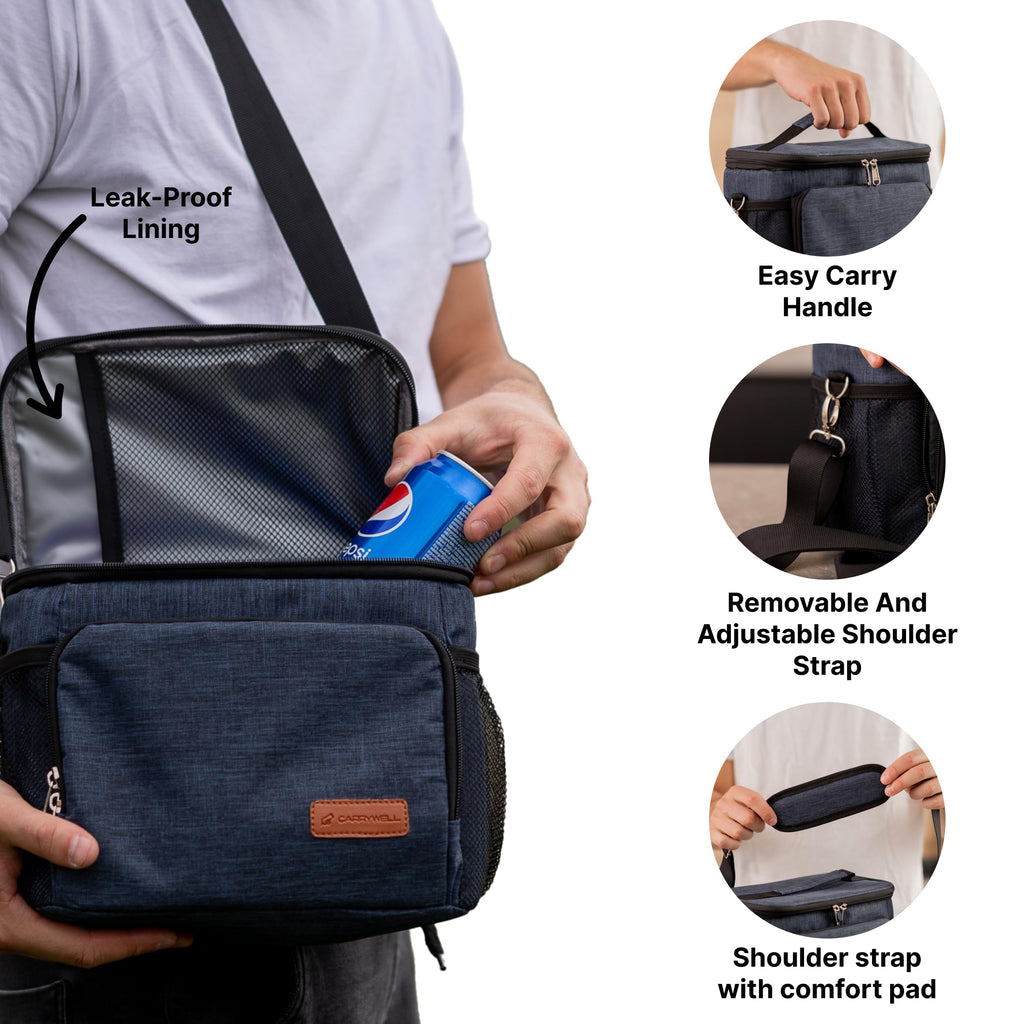 (Not Made in China) Insulated Lunch Bag, Men's Lunch Box, Leakproof, Collapsible, Soft Sided Cooler W/Adjustable Shoulder Strap (Navy Blue)