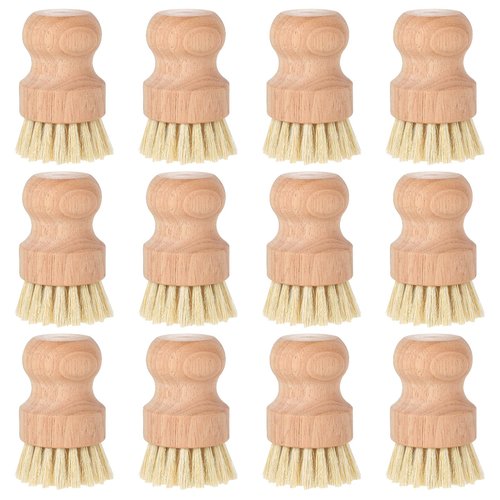 cobee 12Pcs Bamboo Dish Scrub Brushes, Kitchen Dishwashing Scrubber with Natural Sisal Bristles Round Wooden Dish Scrubber Brush for Iron Pot Pan Food Kitchen Sink Fruit Vegetable Wash