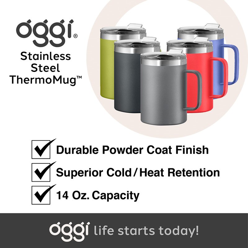 Oggi ThermoMug Stainless Steel Insulated Mug- Double Wall Vacuum Insulated w/Handle & Lid, Coffee Cup, Camping Mug, Travel Thermos, 14oz(420ml), Daisy