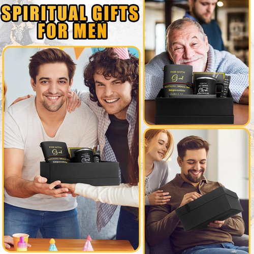 Shellwei 6 Pcs Valentine's Day Christian Gifts 17 oz Christian Coffee Mugs Leather Bible Notebook Religious Pen Metal Bookmark Greeting Card Box Present for Valentine's Pastors Gifts(Black)