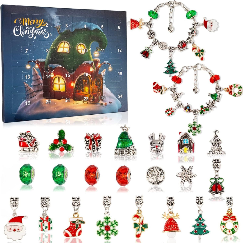 Skiennix Christmas Advent Calendar Bracelets - 24-Day DIY Jewelry Kit with 22 Charms & 2 Bracelets for Girls