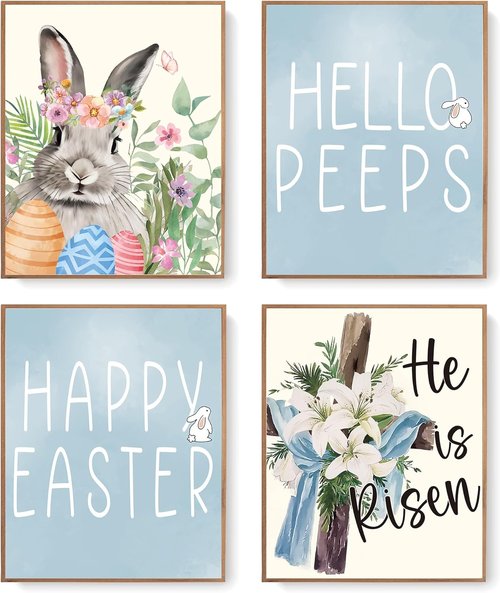 LARTSFRO Easter Decor - Bunny Wall Art Prints | Happy Easter Posters for Living Room & Bedroom | 10x8 Inch Set of 4 Unframed