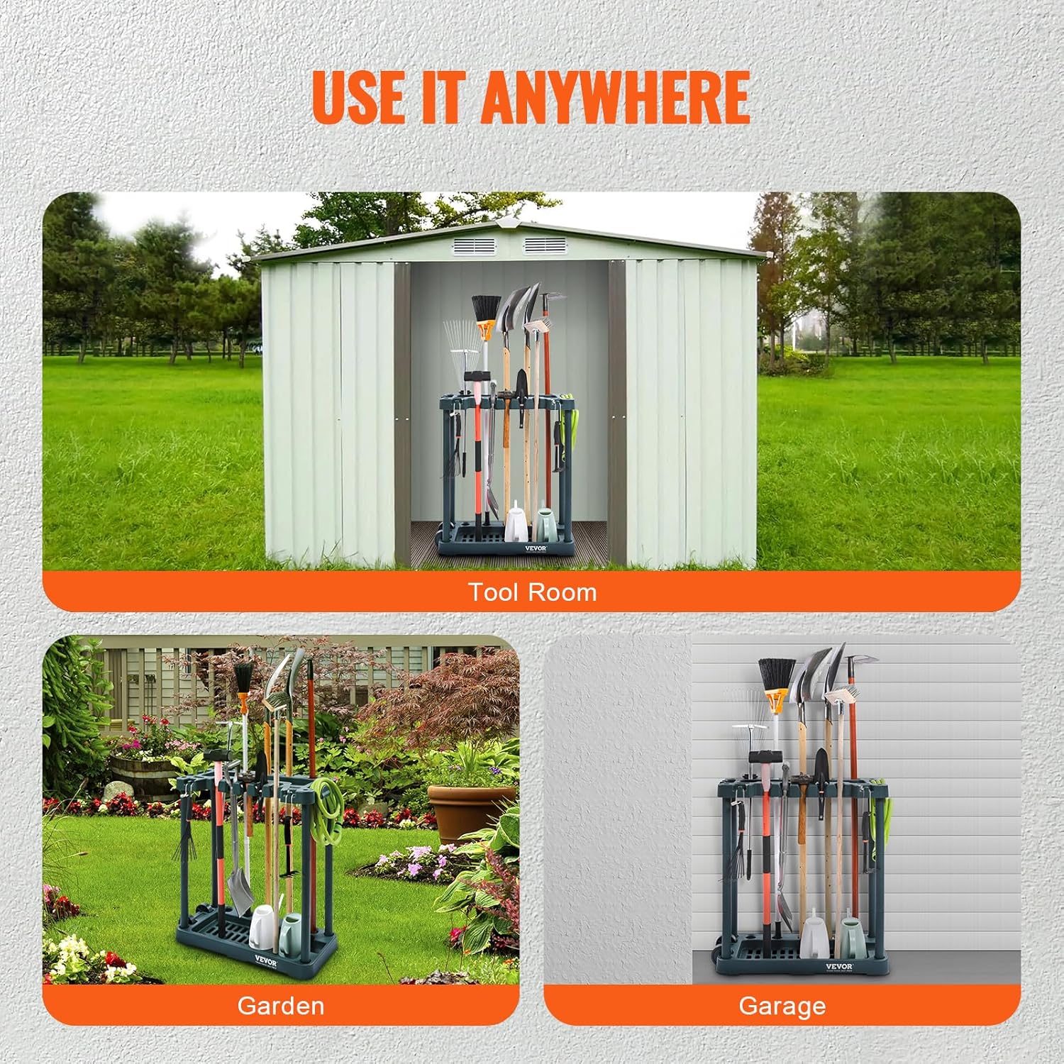 VEVOR Garden Tool Organizer - 10 Slot Yard Tool Rack for Garage Storage | Holds Long-Handled Tools