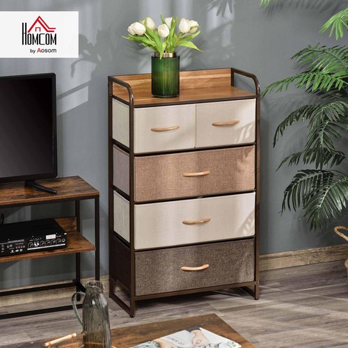 HOMCOM 5-Drawer Fabric Dresser Tower, 4-Tier Storage Organizer with Steel Frame for Hallway, Bedroom and Closet, Maple Wood
