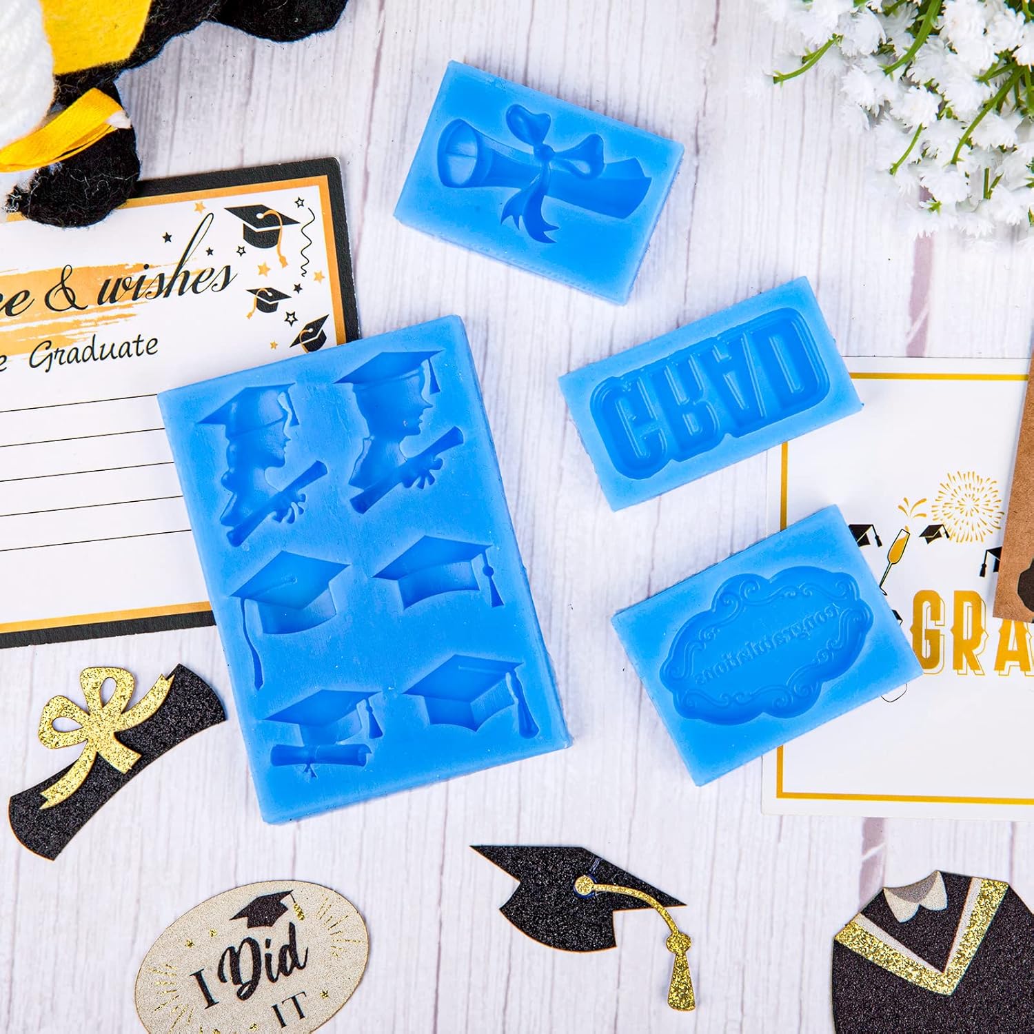 Whaline Graduation Mini Fondant Molds - 4 Pack Silicone Graduation Cap & Diploma | Blue Cake Decor