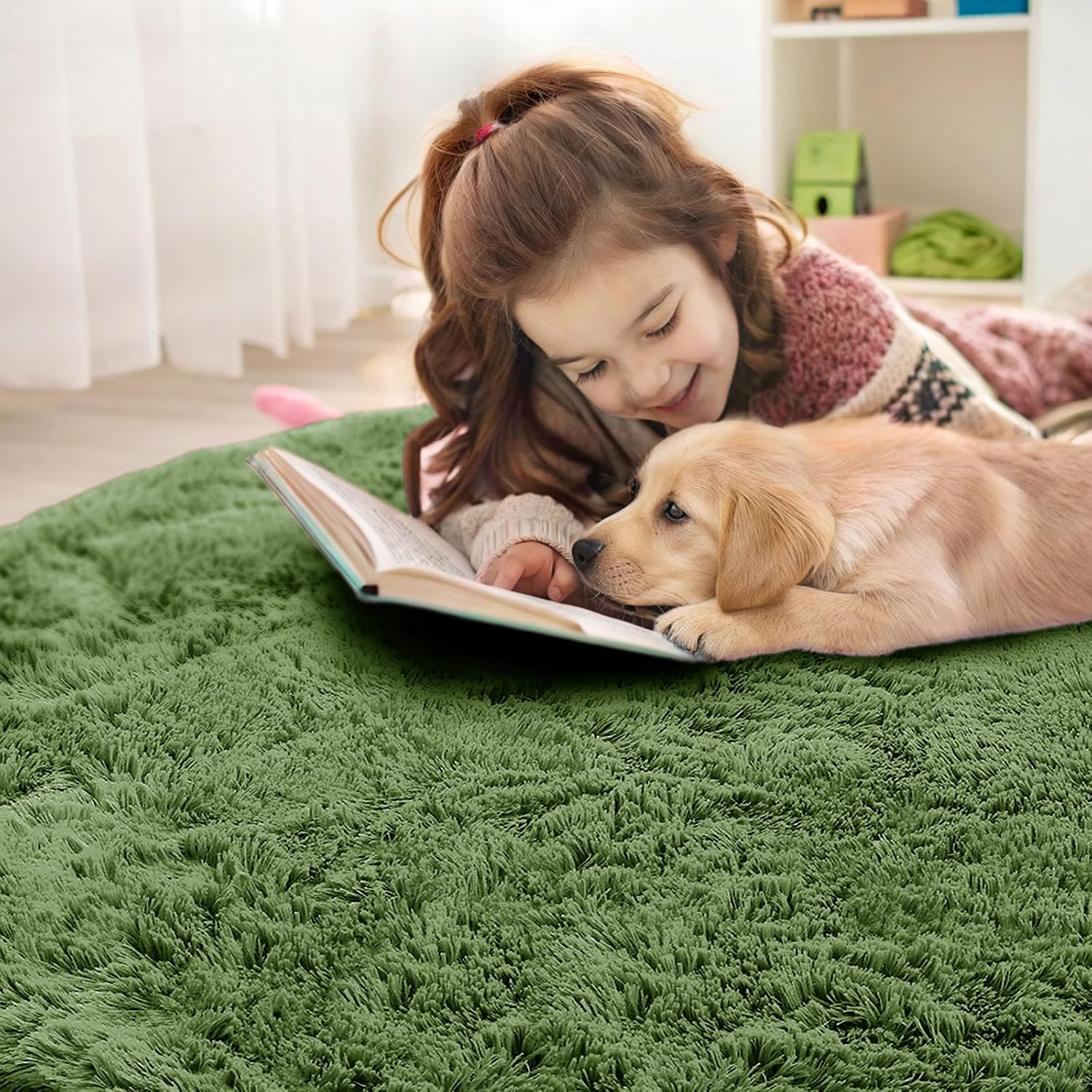 OLANLY Green Round Rug - Soft, Fluffy Shaggy Area Rug | 9 ft Circle for Bedroom & Living Room Decor