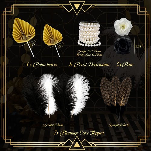 JeVenis Feather Cake Decoration Gatsby Cake Decoration Prom Cake Decorations Rose Cake Topper Roaring 20s Cake Decorations