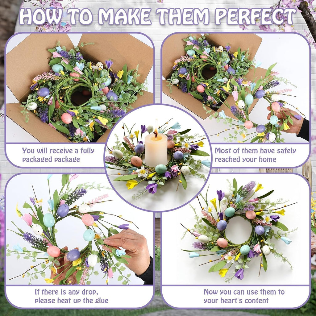Skiennix Easter Candle Rings - 6 Pcs Mini Pillar Holders with Eggs & Flowers - Spring Yellow Berries Decor