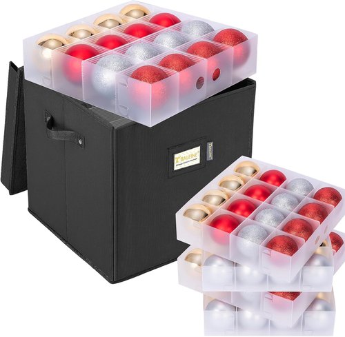 BALEINE Christmas Ornament Storage Box - Premium Black Container with Dividers for 64 Balls