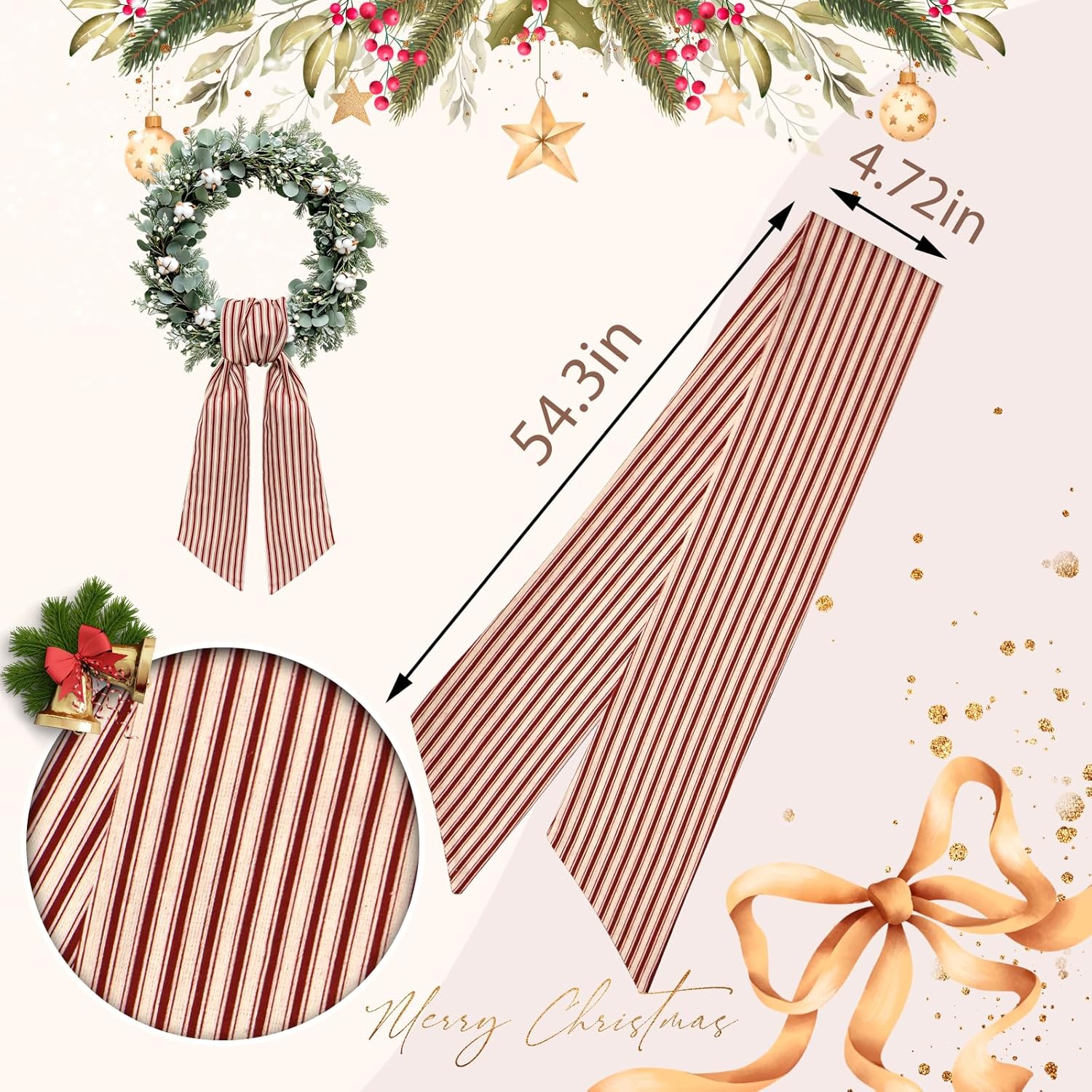 Regine Switzerland Christmas Wreath Sash - Birthday Red Stripes Burlap Ribbon for Holiday Decor