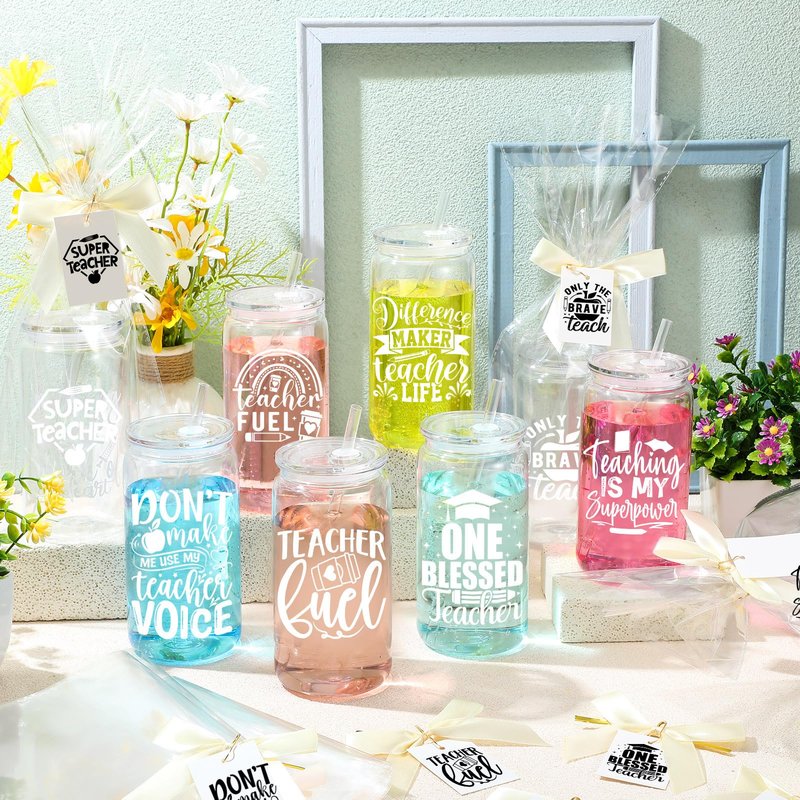 Teenyyou 12 Set Teacher Appreciation Gifts Bulk, 16 oz Thick Plastic Cups Reusable with Straws and Lids, Gift-Ready Packaging, Thank You Teacher Presents for End of Year(Classic)