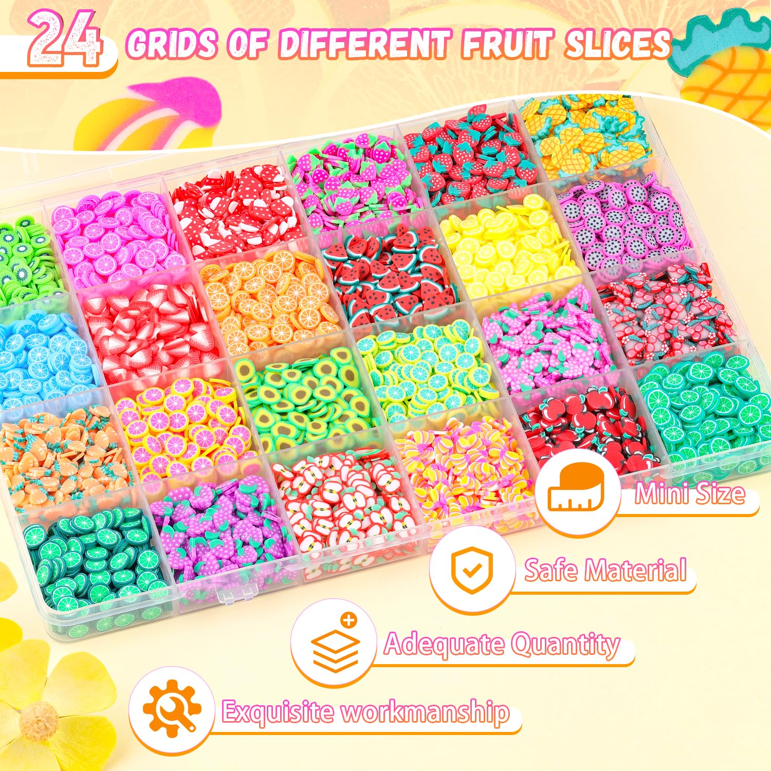 TINKRSTUFF Fruit Slice Polymer Clay Slime Add-Ins - 24-Grid Assorted Fimo Accessories for Nail Art & DIY Crafting