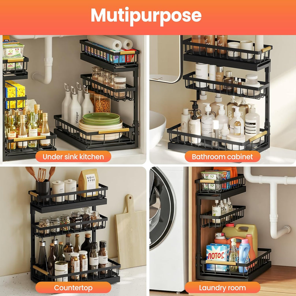 Under Sink Organizer - 2 Pack 3-Tier Pull-Out Shelf for Bathroom & Kitchen Storage | Slide-Out Drawer Solution