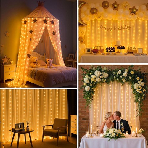 DomeStar 300 LED Curtain Lights - 9.8 x 9.8 FT Fairy Lights with 8 Modes Remote | Warm White Ambient Decor for Bedroom & Parties