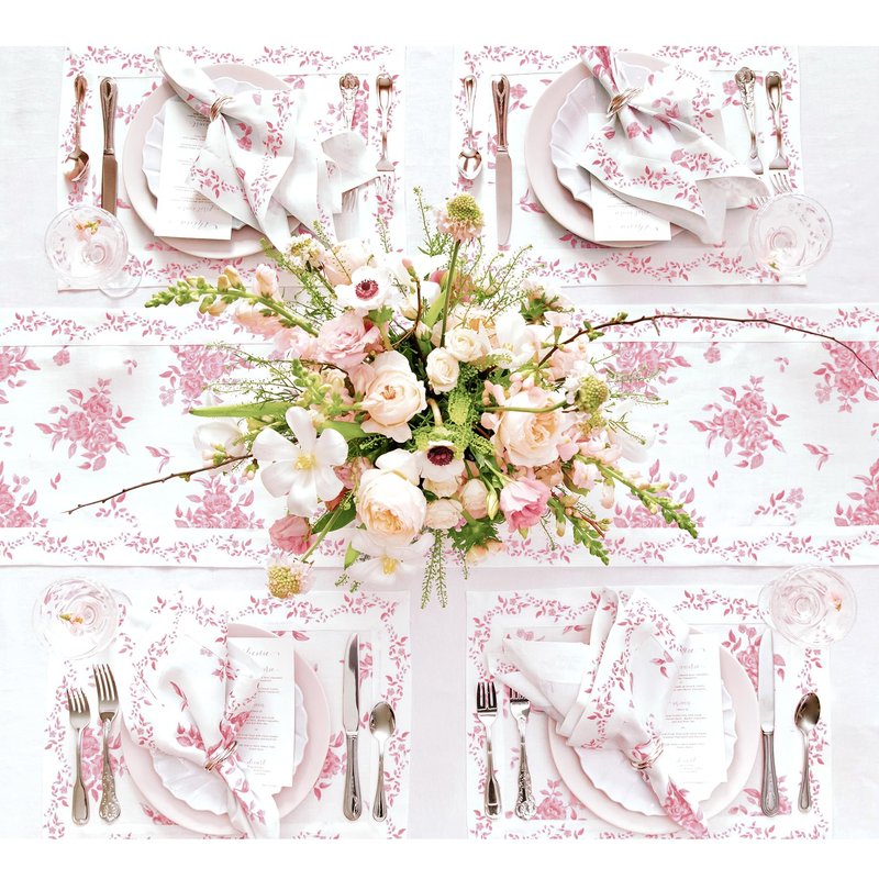 Solino Home Pink Floral Print Table Runner 48 inch - 100% Pure Linen Table Runner 14 x 48 Inch for Mothers Day, Spring, Summer - Handcrafted and Machine Washable - Jolie Fleur Print