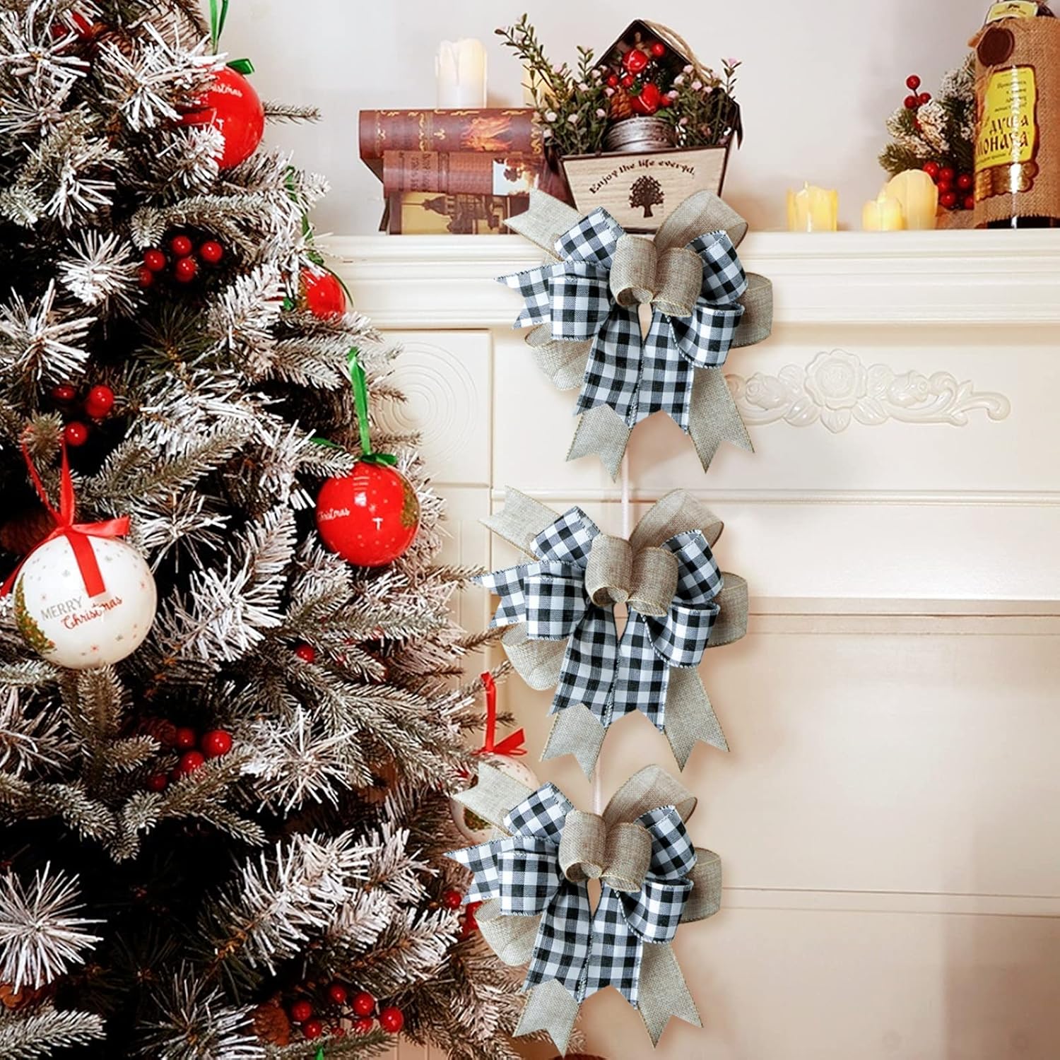 SIMISI RIBBON Christmas Buffalo Plaid Bow - Black & White Burlap Wreath Decor (9.5 x 13 Inch)