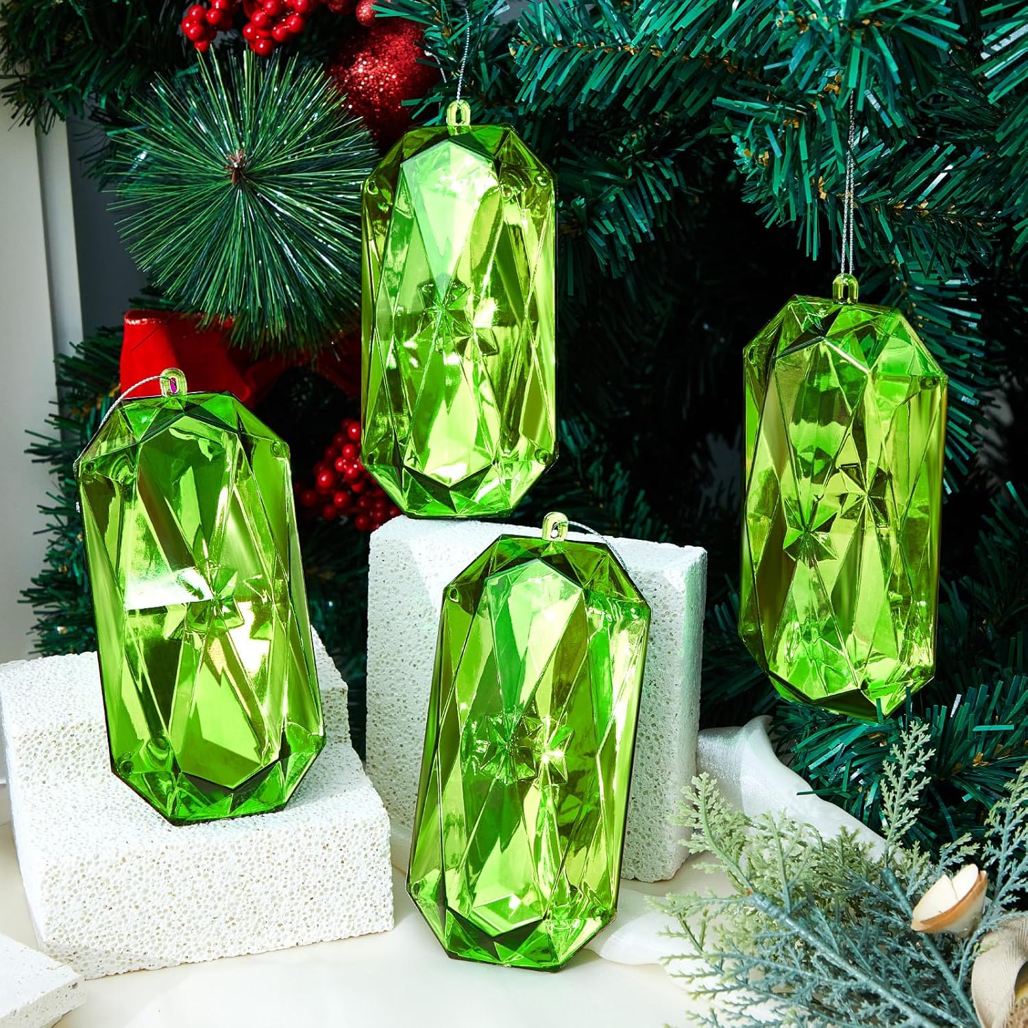 Syhood 4 Pack Acrylic Green Jewel Ornaments - 5.7 Inch Glittering Christmas Tree Decorations | Perfect for Weddings & Holiday Parties
