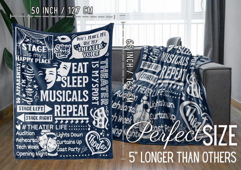 Huglanket Theater Gifts Blanket Throw - Gift for Broadway Theatre Lovers Girls Boys Women - Eat Sleep Musicals Repeat - 50" x 65", Blue