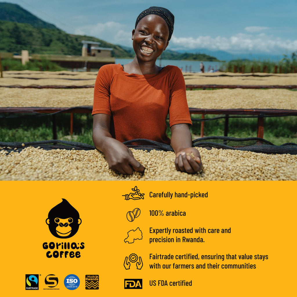 Gorilla's Coffee 100% Arabica - Medium Roast Ground Coffee, Fair Trade, Smooth, Balanced, Aromatic, Spice & Luscious Fruit Notes | Premium Rwandan Coffee | Rich, Flavorful, and Aromatic (500g/17.6oz)