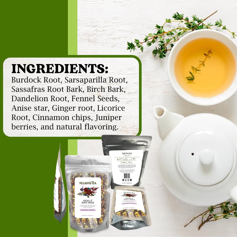 Nelson's Tea Really Root Beer - Cut & Sifted Sarsaparilla Root Tea Loose Leaf - Caffeine Free, Classic Herbal Blend with Burdock, Birch Bark, Dandelion, Licorice, Ginger and More (4 oz)