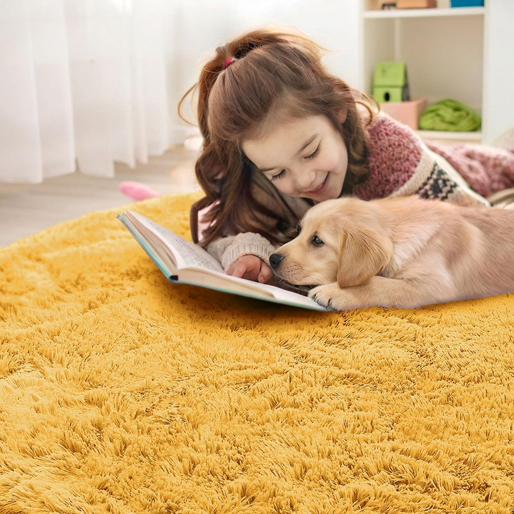 OLANLY Mustard Yellow Round Rug - Soft, Fluffy Shaggy Carpet | 7 ft Machine Washable Area Rug for Bedroom & Living Room Decor
