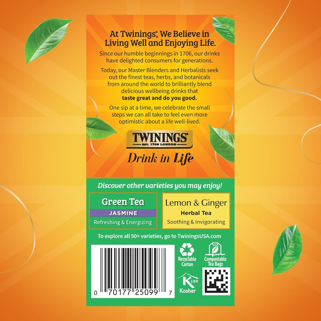 Twinings Green Tea - Zesty Lemon Flavor, Individually Wrapped Bags, 20 Count (Pack of 6)