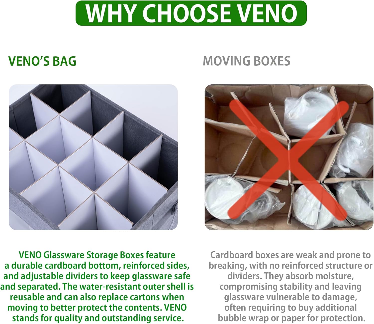 VENO Champagne Flute Glass Storage Box - 2 Pack with Lid & Handles | Organizer for 12 Glasses