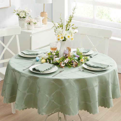 Newbridge Ribbons and Bows Damask Spring & Easter Holiday Fabric Tablecloth, Sage Green, 70 Inch Round, Wrinkle & Stain Resistant Table Cover