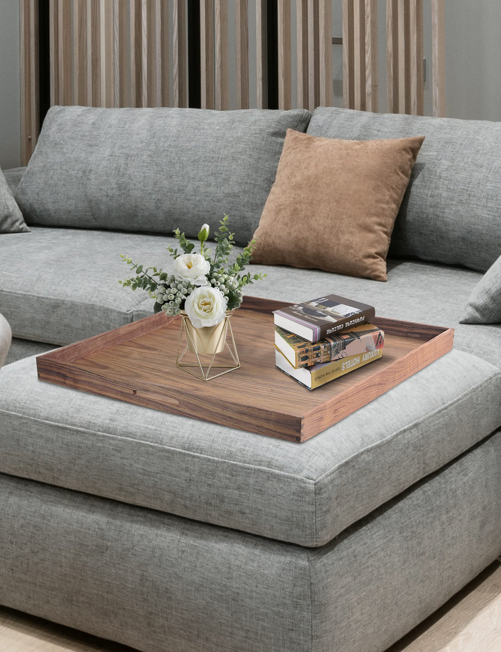 EXISTING 23x23 Inch Tray for Ottoman, Large Serving Tray with Handles,Brown Square Walnut Platter Decorative Wooden Tray for Breakfast in Bed,Living Room,Coffee Table,Party Serving