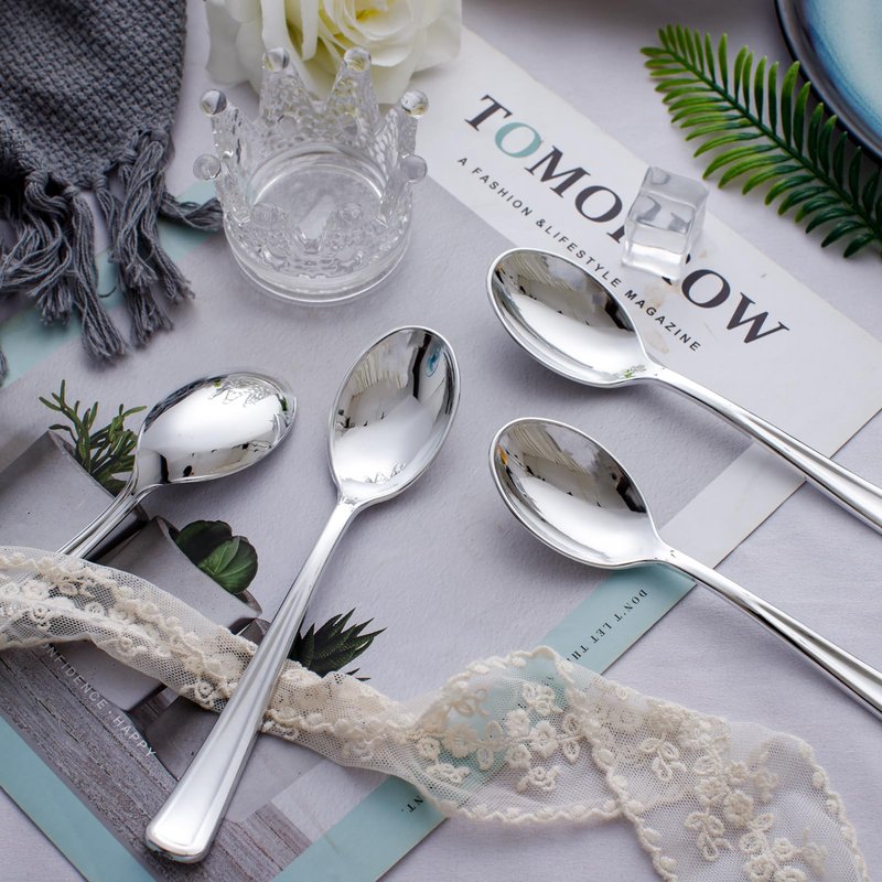 WDF 100 Pack Silver Plastic Spoons Disposable - 6.9 Inch Silver Spoons Heavy Duty Plastic Spoons, Modern Silver Disposable Spoons Perfect for Party Wedding Baby Shower Spring