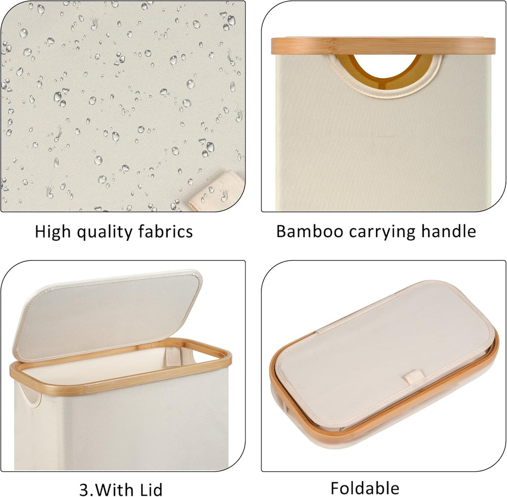 Skiennix Slim Laundry Hamper - 60L Narrow Design with Lid & Bamboo Handle - Beige for Clothes & Toys