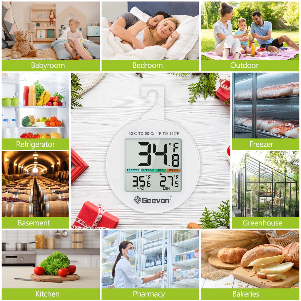 Geevon Small Digital Refrigerator Thermometer 10 Pack, IP65 Waterproof Commercial and Home Use, Max/Min Record Function with LCD Screen, Stand and Magnetic Back, for Fridge, Freezer Scenarios