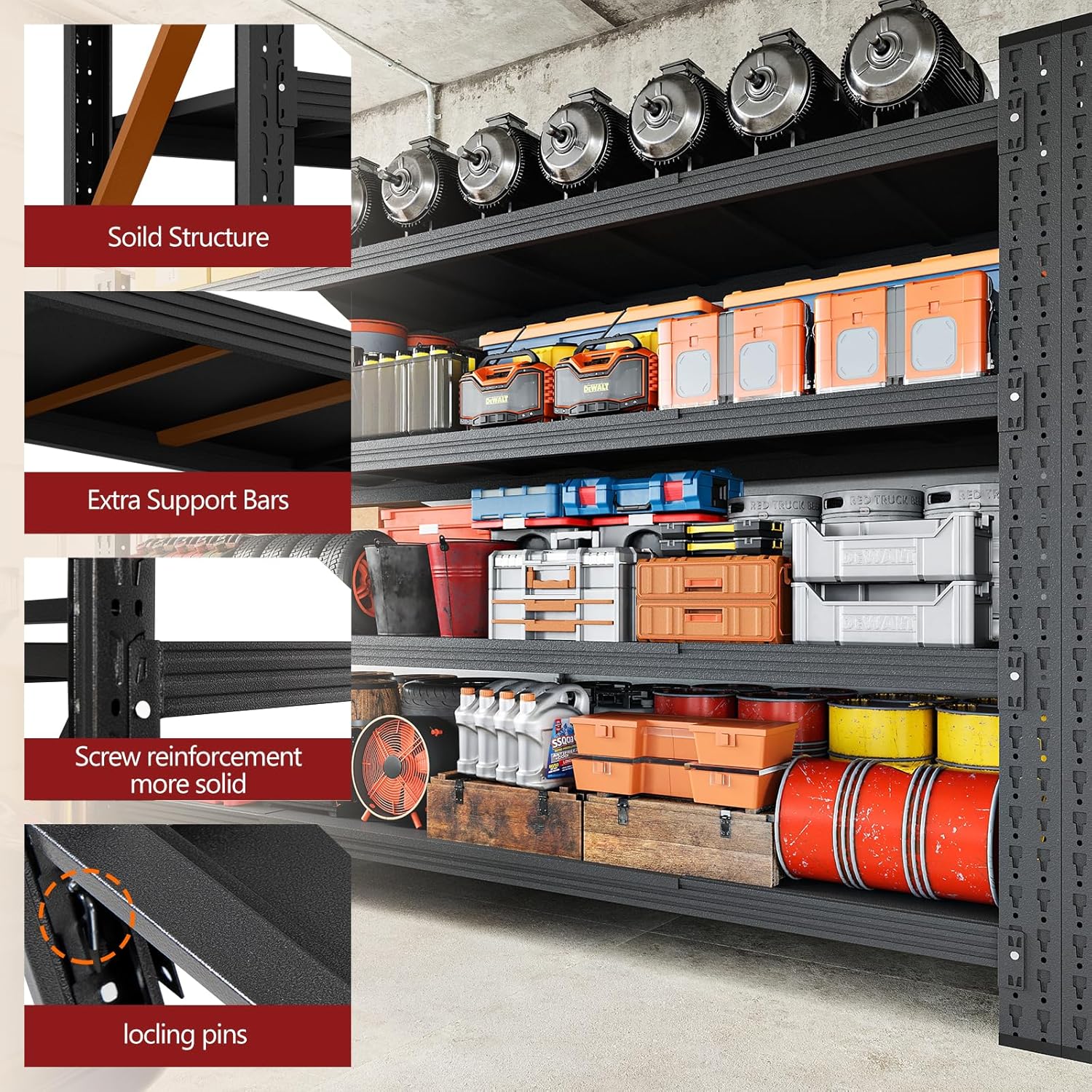 RAVIGIN Heavy-Duty 5000LBS Garage Shelves - Adjustable Metal Storage Units | 71" W x 24" D x 70" H, Black