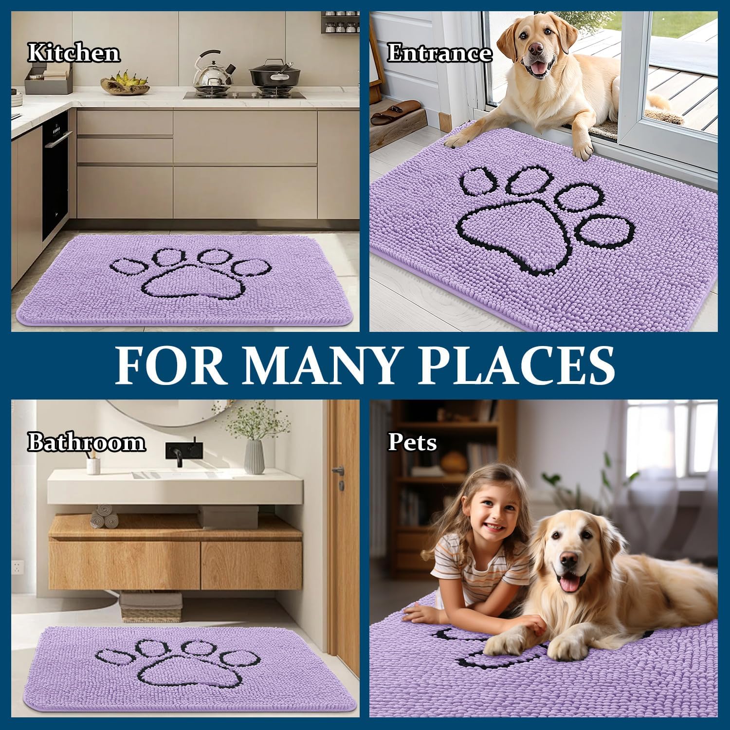 OLANLY Dog Door Mat - Absorbent Non-Slip Mud Mat for Paws | 36x24 Lavender Chenille Design
